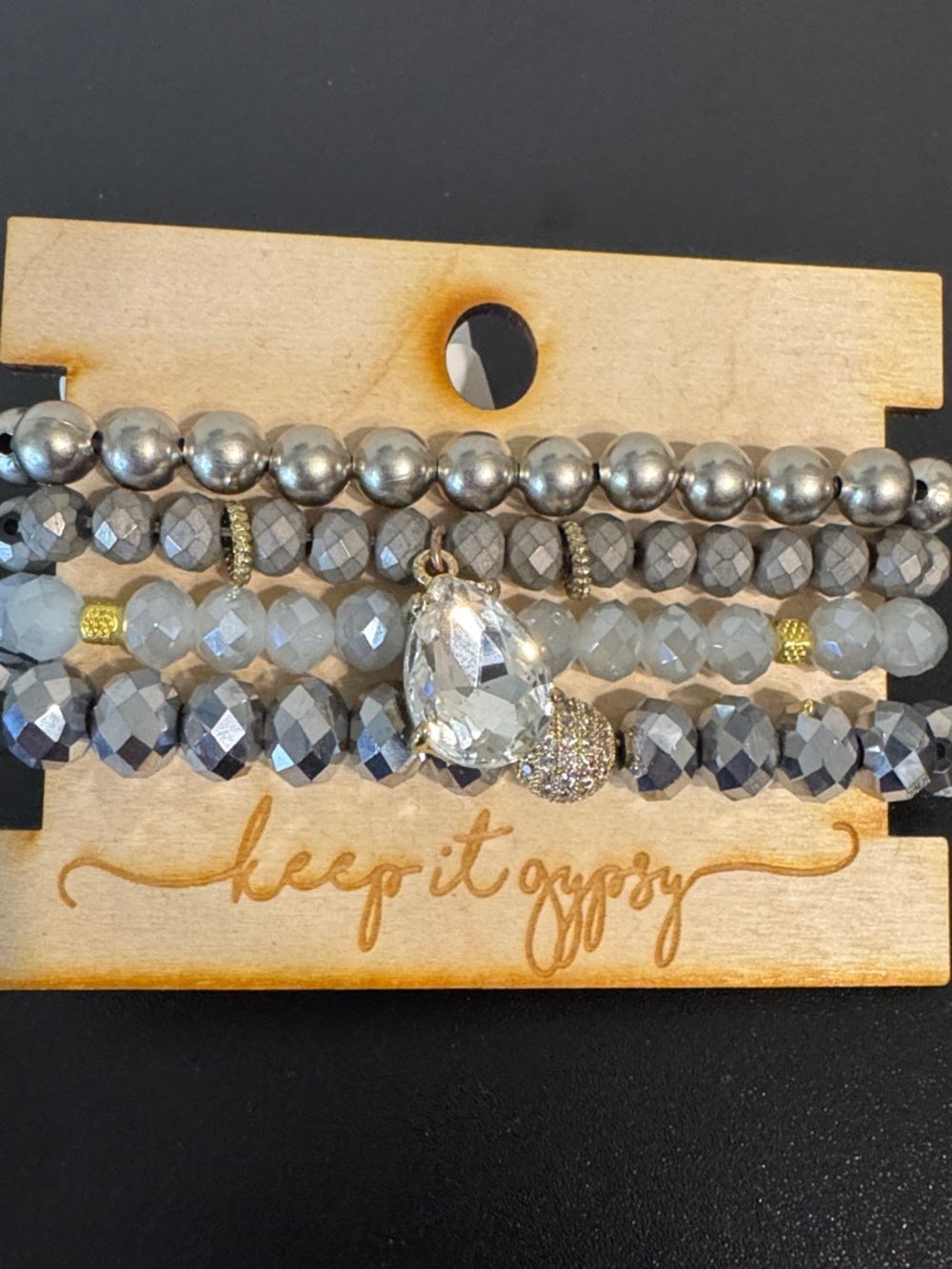 Keep It Gypsy Silver and Gray Beaded Bracelet Stack with Crystal Teardrop